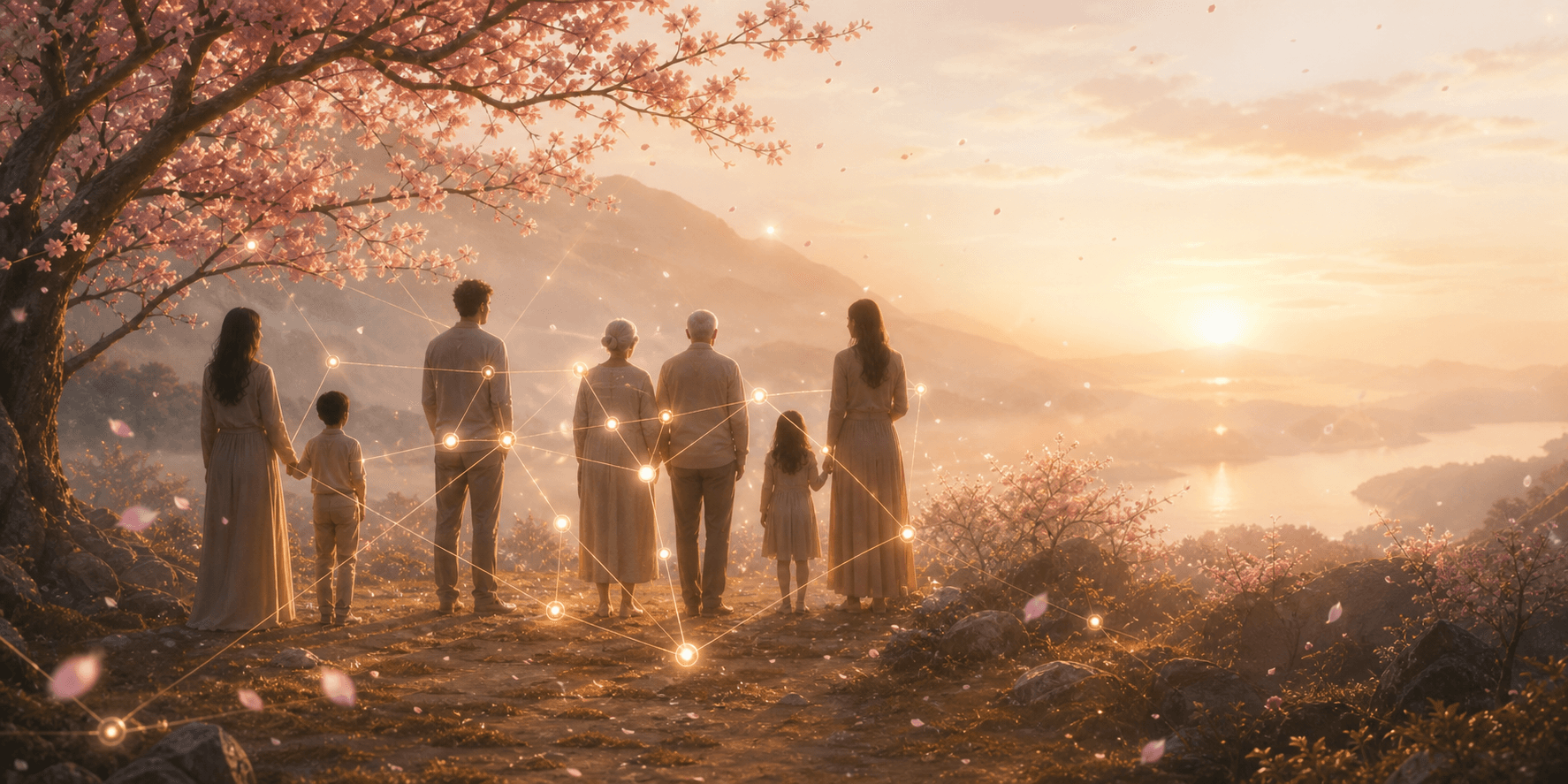 Family standing together on a hilltop connected by golden light at sunrise