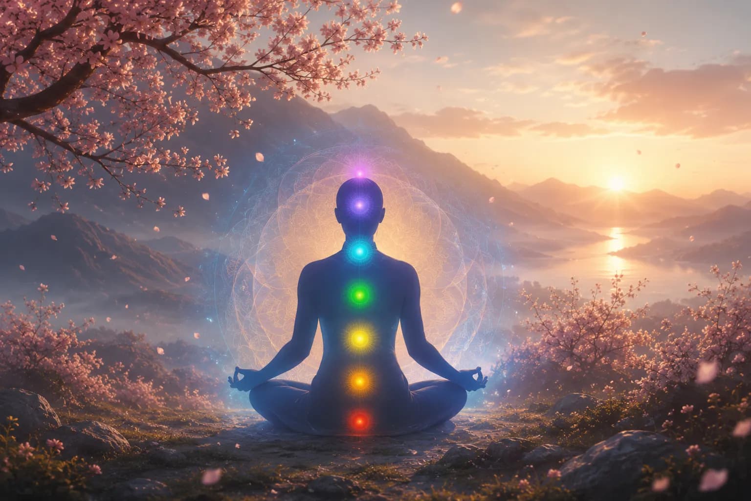 Silhouette meditating with glowing chakras overlooking a serene mountain sunrise