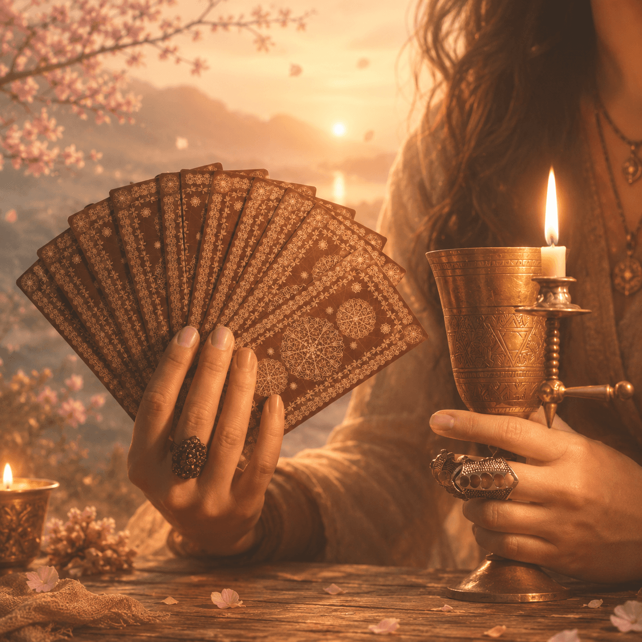 Hands holding sacred cards beside a lit candle at golden hour