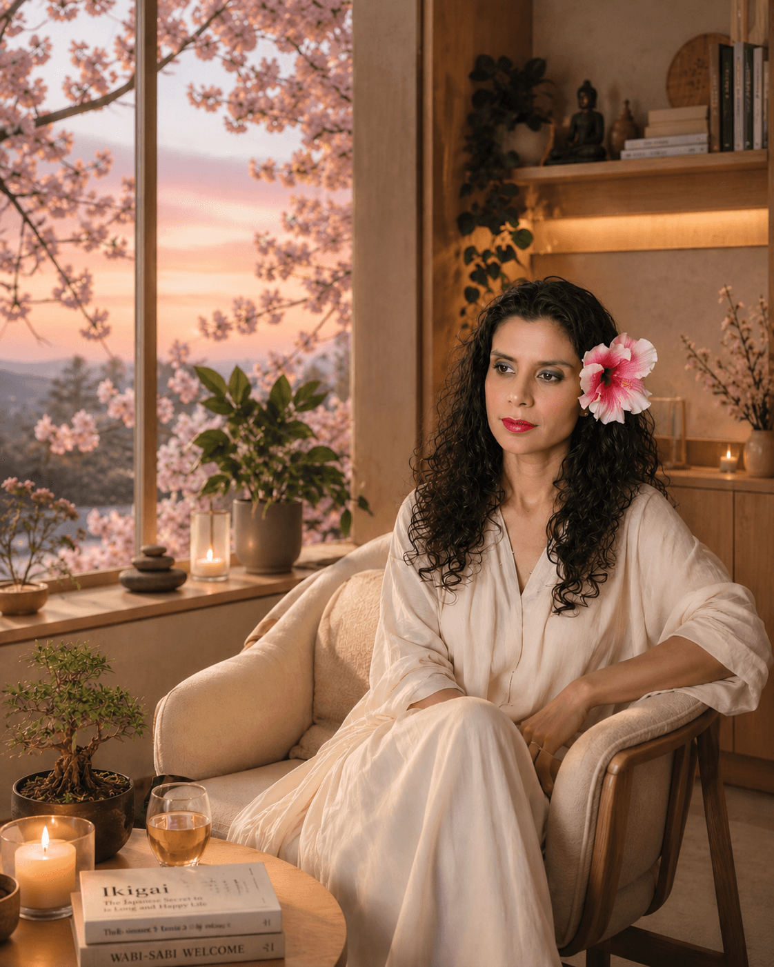 Born to Blossom practitioner seated in a warm healing space with cherry blossoms outside the window